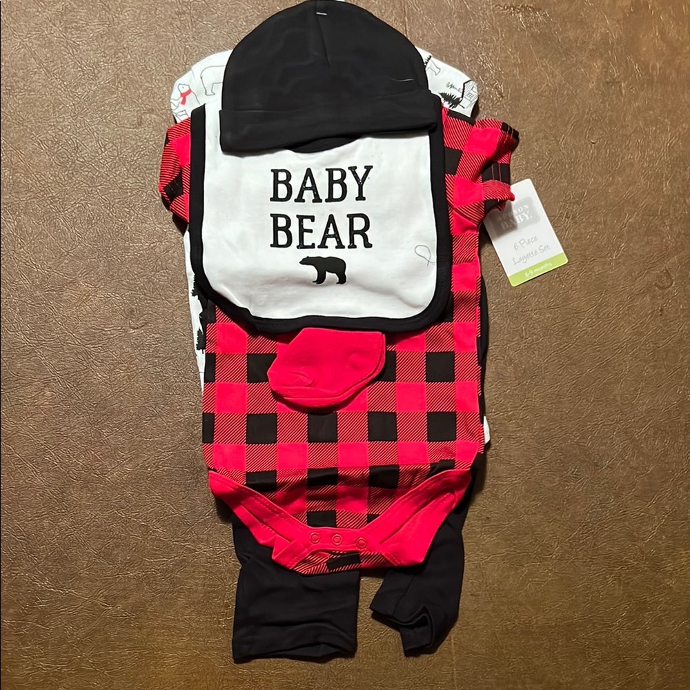 Baby Bear Plaid Bodysuit Set - Red and Black